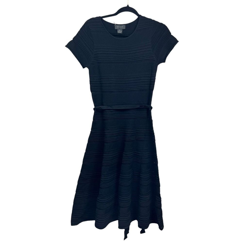 Gracia Womens Sheath Dress Eyelet Round Neck Ribbon Tie Waist Black Size M*